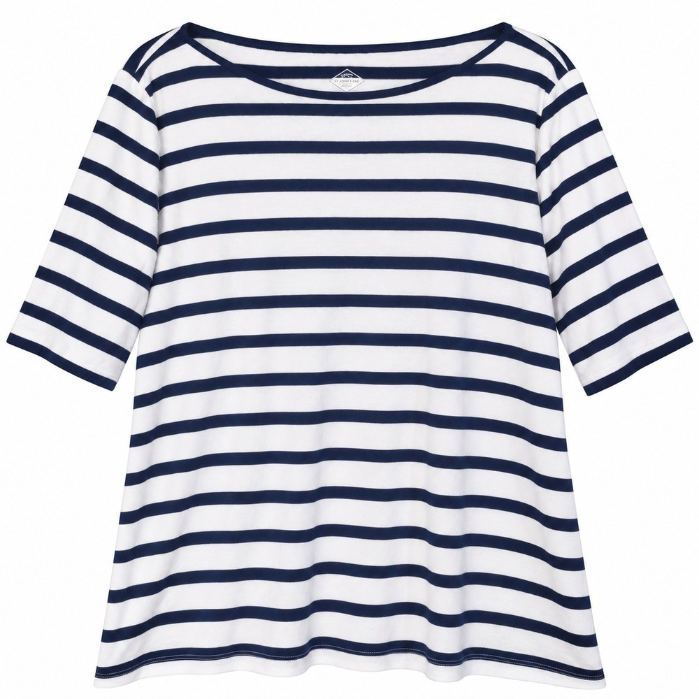 St John's Bay Women XL Navy White Striped Boatneck Tee Coastal Nautical Preppy